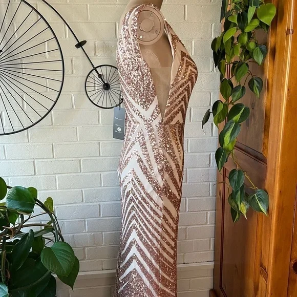 Evening prom evening formal mermaid trumpet gown with gold sequins size L - Picture 2 of 9